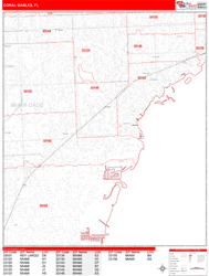 Coral Gables Wall Map Zip Code Red Line Style 2024